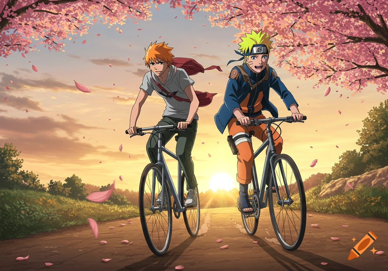 Ichigo and Naruto from anime ride bicycles on a dirt path under pink cherry blossom trees at sunset.