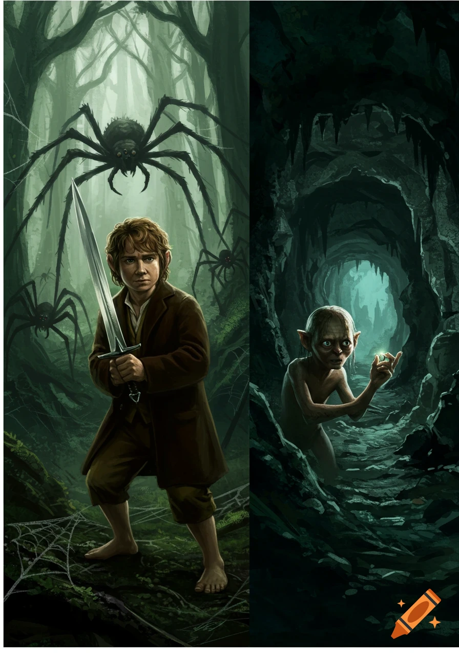 Fantasy illustration of a hobbit with a sword fighting spiders in a forest and Gollum holding a glowing ring in a cave.