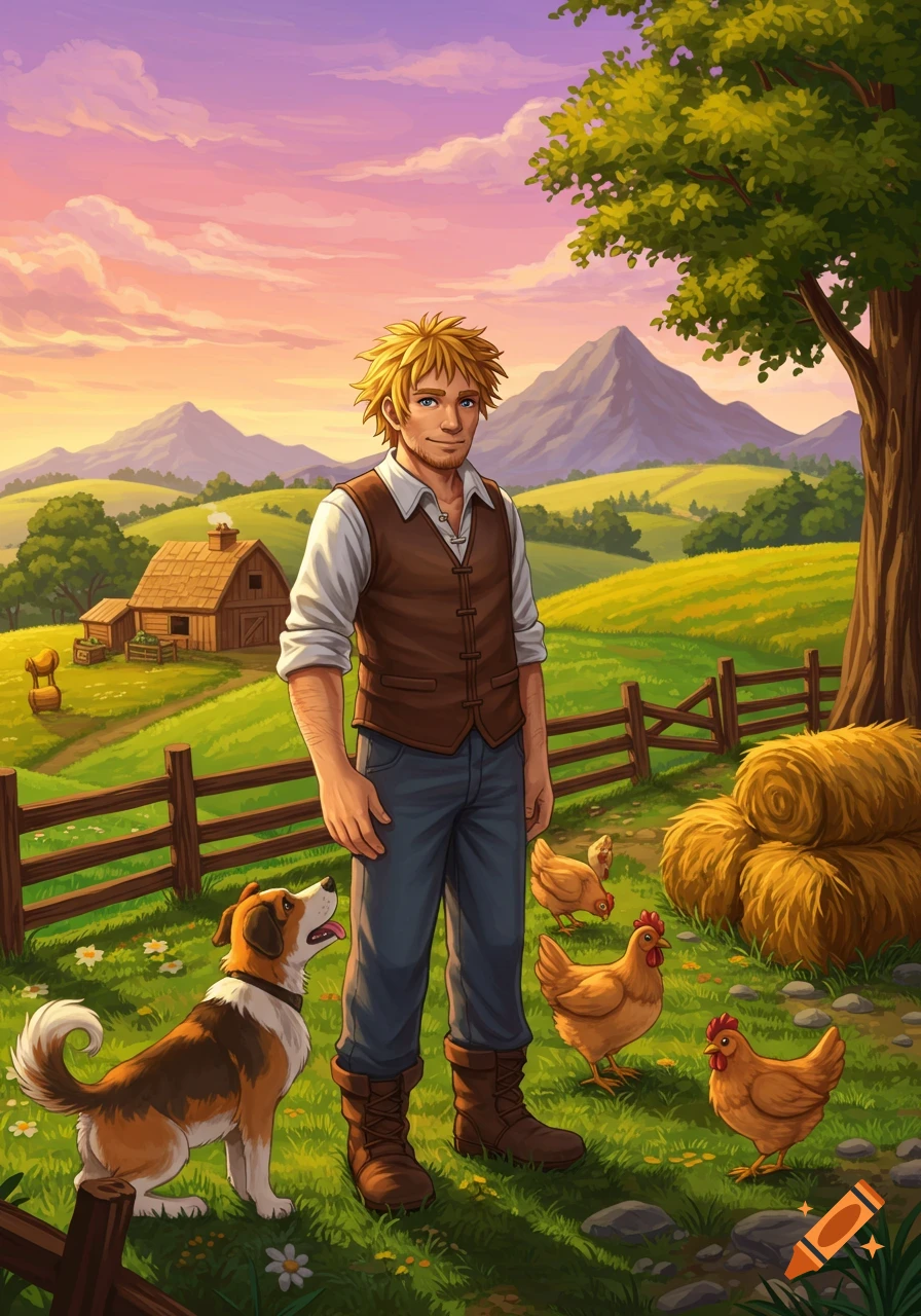 A cheerful blonde farmer with a dog and chickens in a vibrant rural landscape with a farmhouse and mountains, illustrated in an animated style.