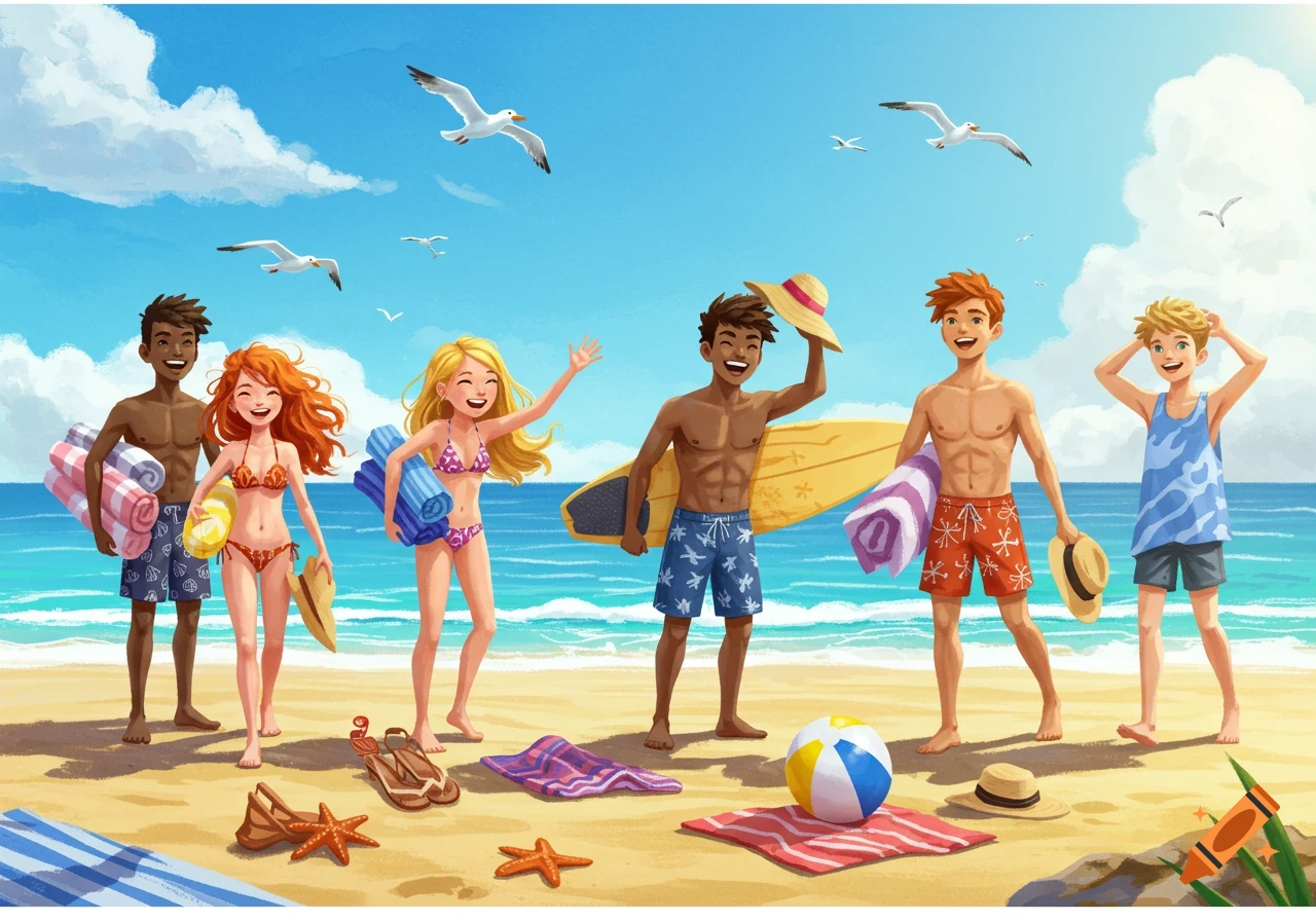 A vibrant cartoon illustration of diverse friends posing on a sunny beach with surfboards, towels, and a beach ball.