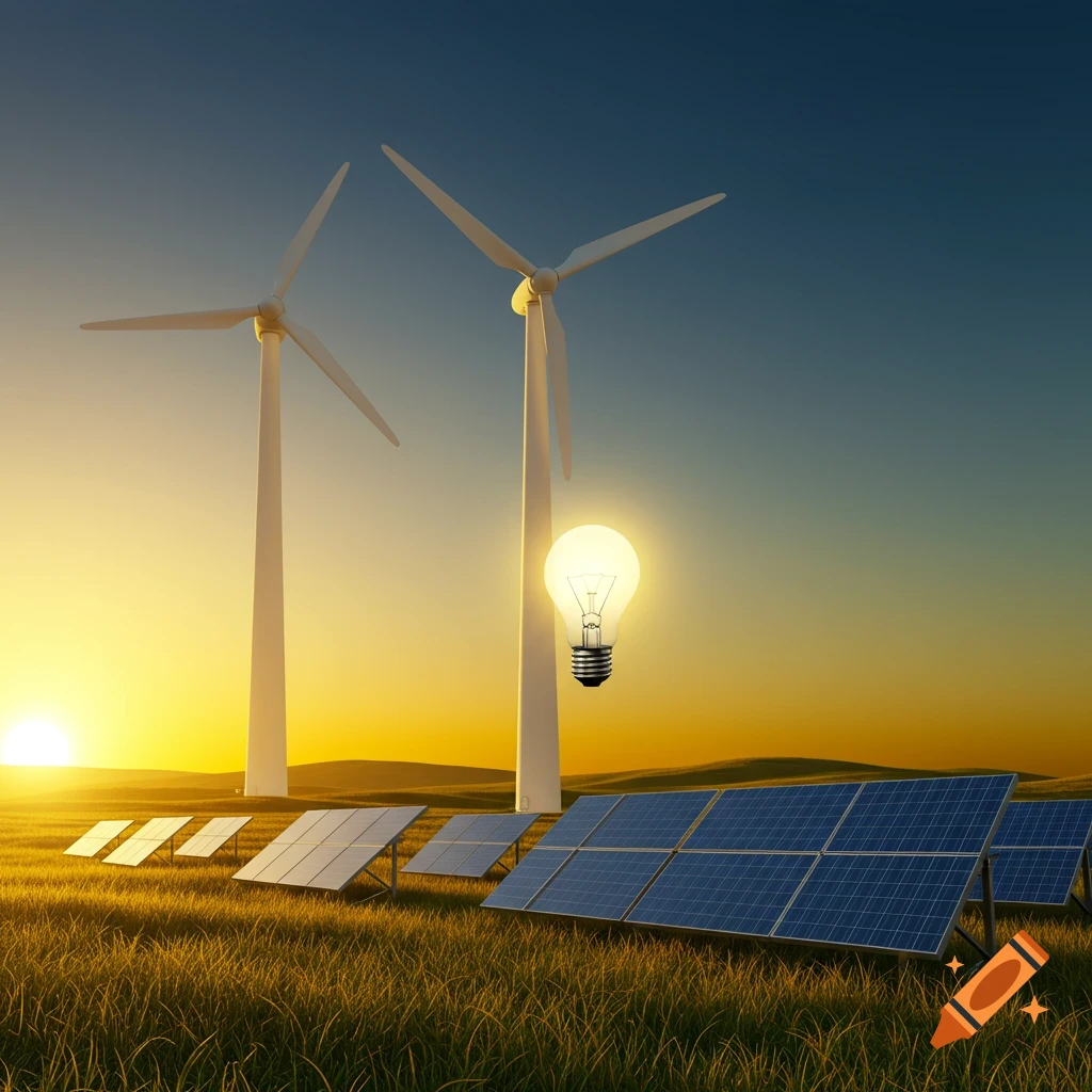 Wind turbines and solar panels in a grassy field at sunset, with a glowing lightbulb representing energy.