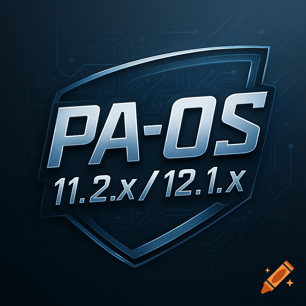 A stylized blue and silver metallic logo for PA-OS 11.2.x/12.1.x on a dark circuit board pattern background.