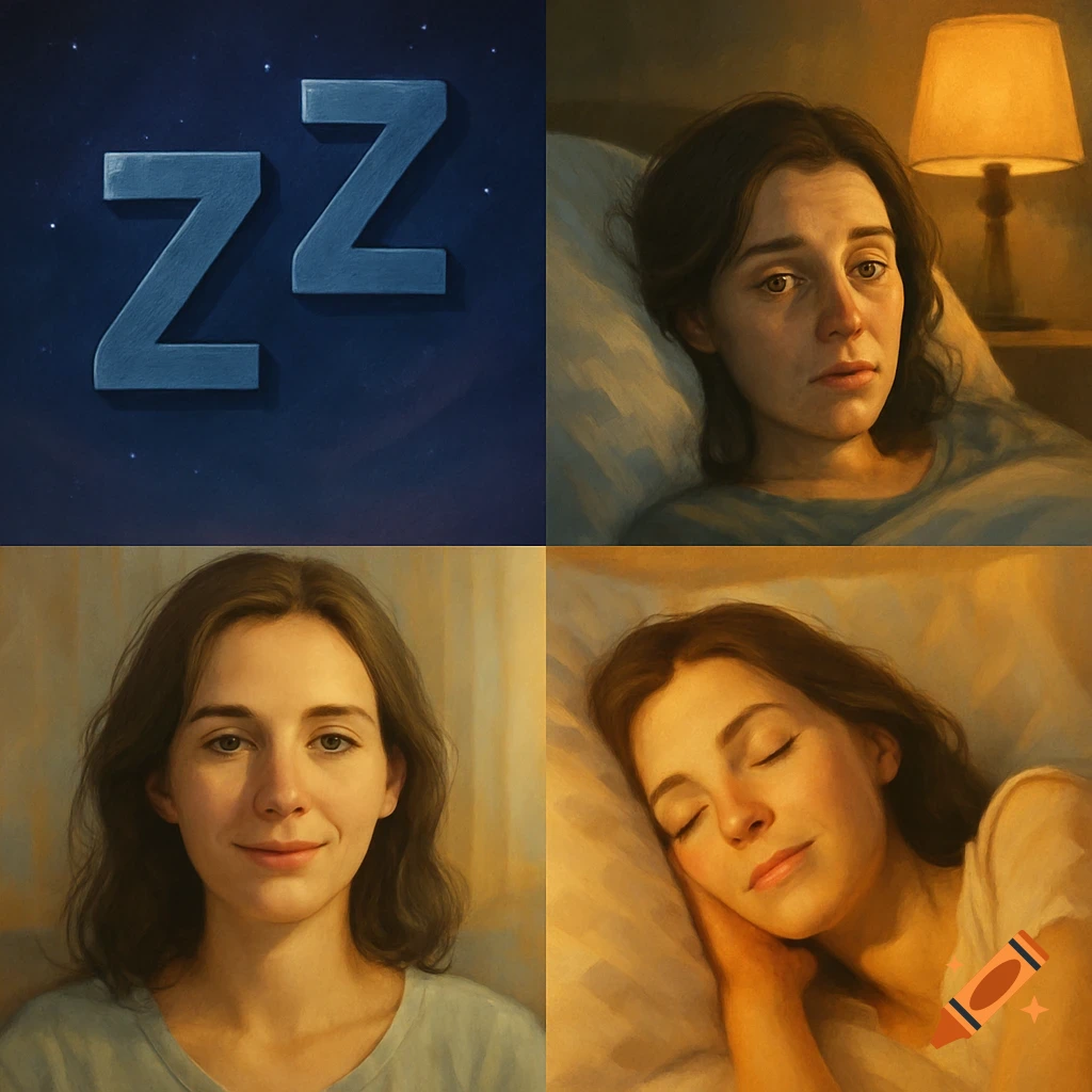 Four panels showing a blue 'ZZ' symbol, a tired woman in bed, a refreshed woman, and a sleeping woman in a painterly style.
