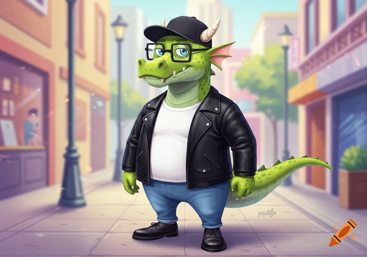 A friendly green cartoon dragon wearing black square eyeglasses, a black backwards baseball cap, a black leather jacket, a white t-shirt, blue jeans, and black lace-up dress shoes, standing on a city street.