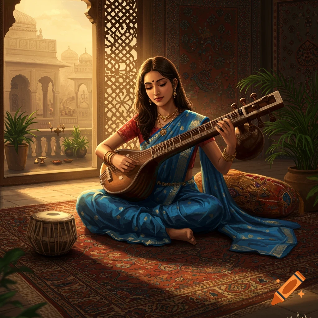 A young Indian woman in a blue sari plays the vina while sitting on a patterned rug in an ornate room overlooking a palace.