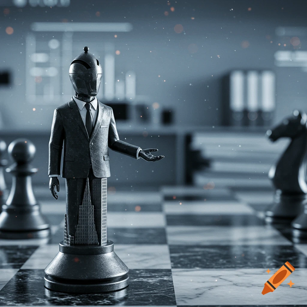 A stylized chess piece, resembling a robot-headed corporate manager with a skyscraper base, stands on a marble chessboard.
