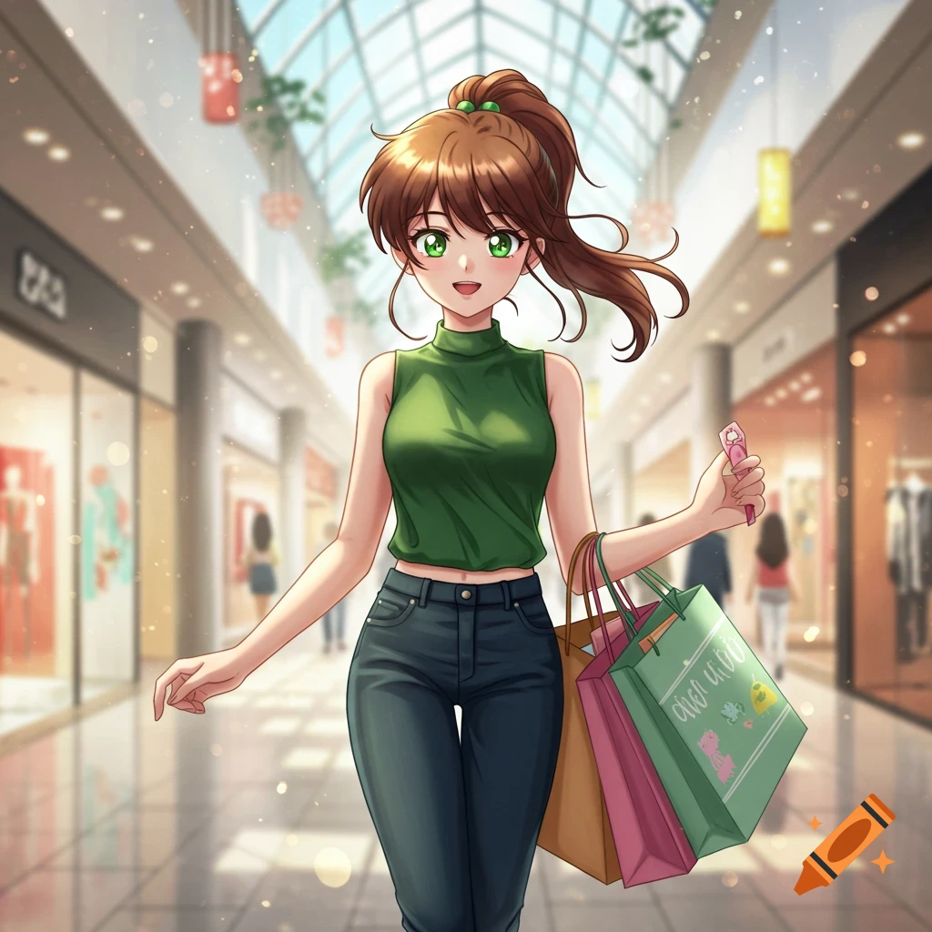 Anime girl with brown ponytail and green top shopping at a mall, holding several bags and a pink item.