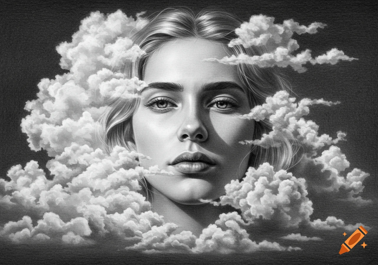 Hyper-realistic black and white pencil sketch of a woman's face emerging from clouds.