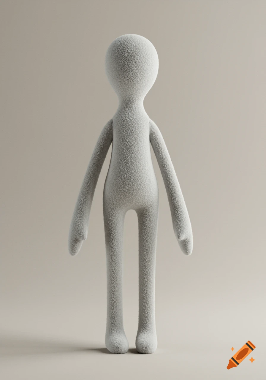 A light grey, blank, fuzzy plush doll with long limbs stands against a plain light grey background.