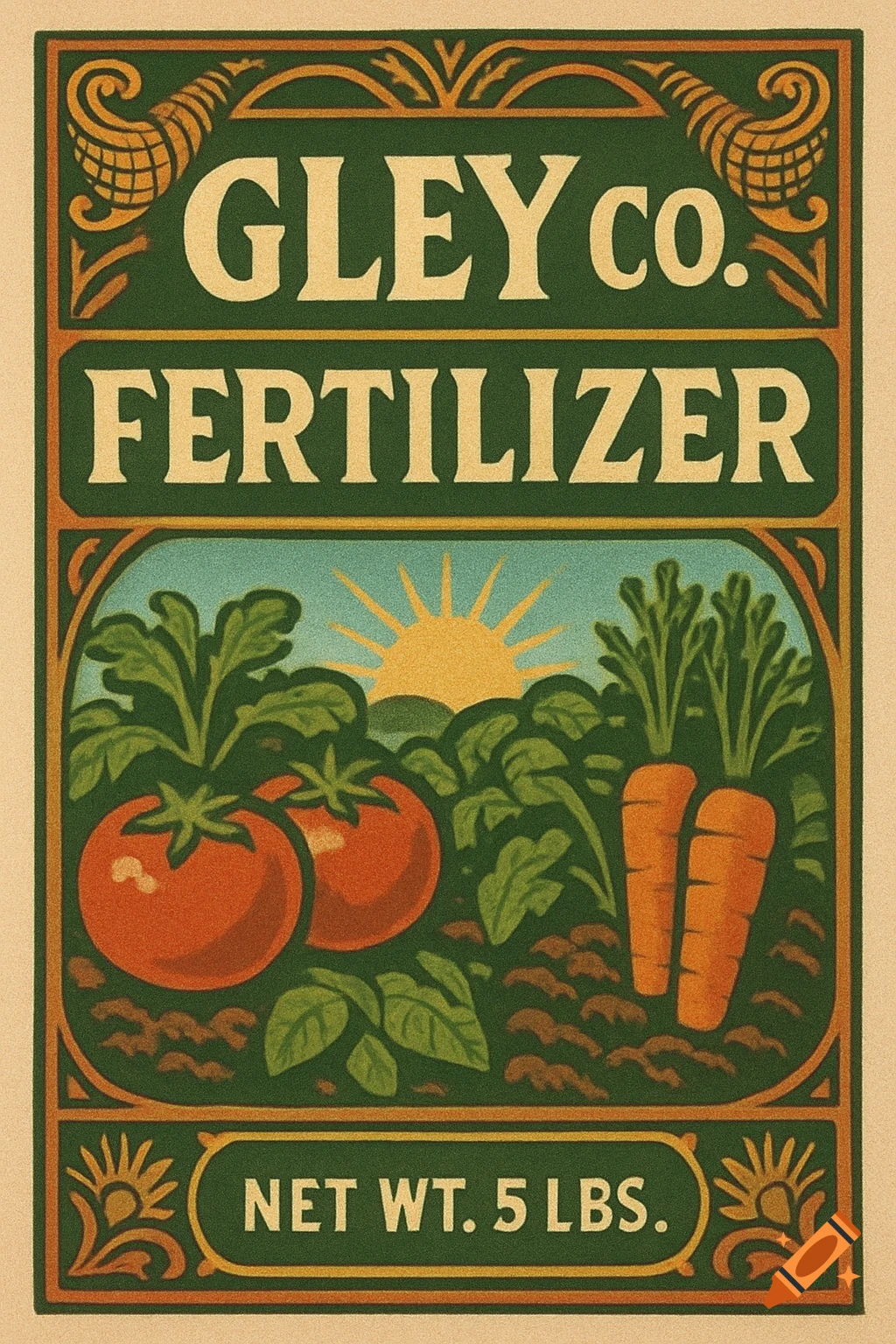 Vintage-style label for Gley Co. Fertilizer, featuring tomatoes, carrots, and a rising sun in a garden scene.