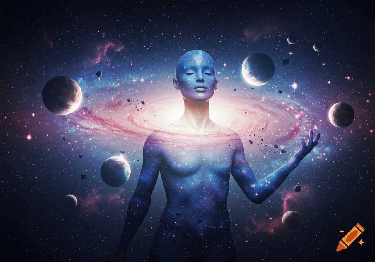 A blue, star-filled human figure with closed eyes meditates in a cosmic galaxy, surrounded by planets and stars.