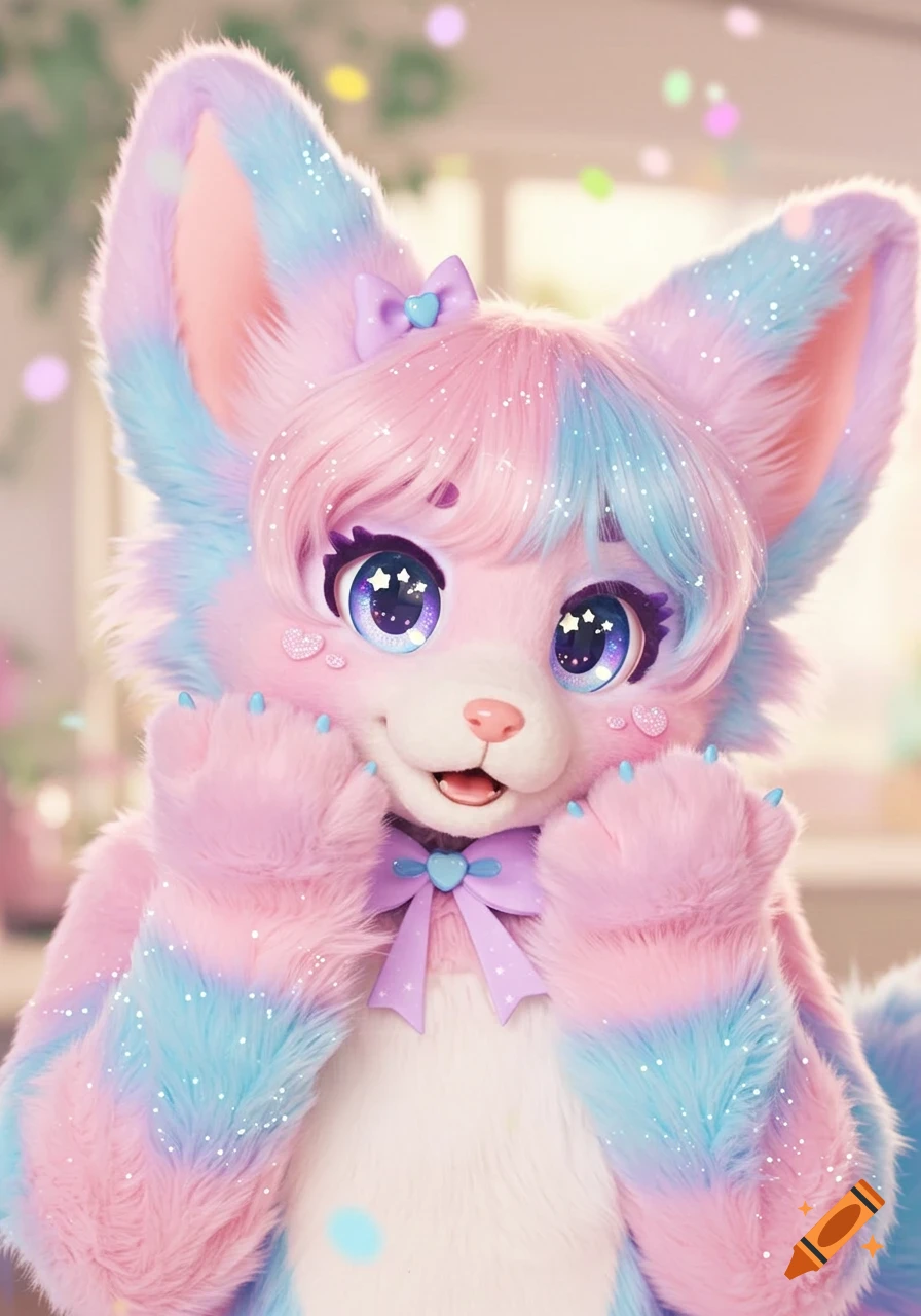 A cute, glittery, pastel pink and blue furry character with large starry eyes and a purple bow, smiling and holding its paws to its face.