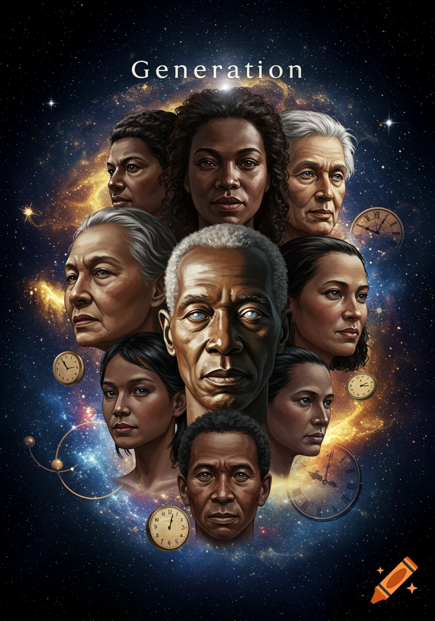 A collage of diverse human faces against a cosmic starry background with several clocks, depicting 'Generation' at the top.