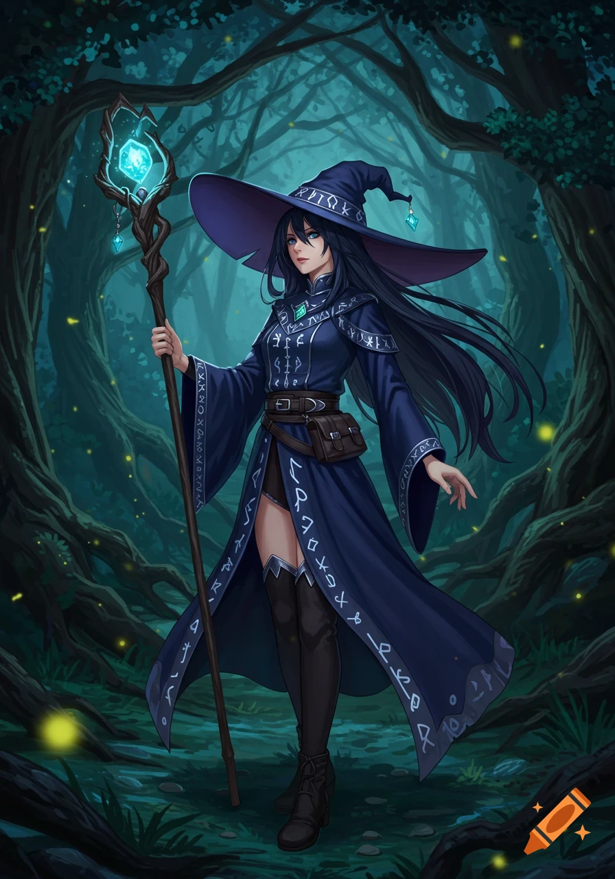 An anime witch with long dark hair, a wide-brimmed hat, and a blue robe holding a glowing staff in a magical forest.