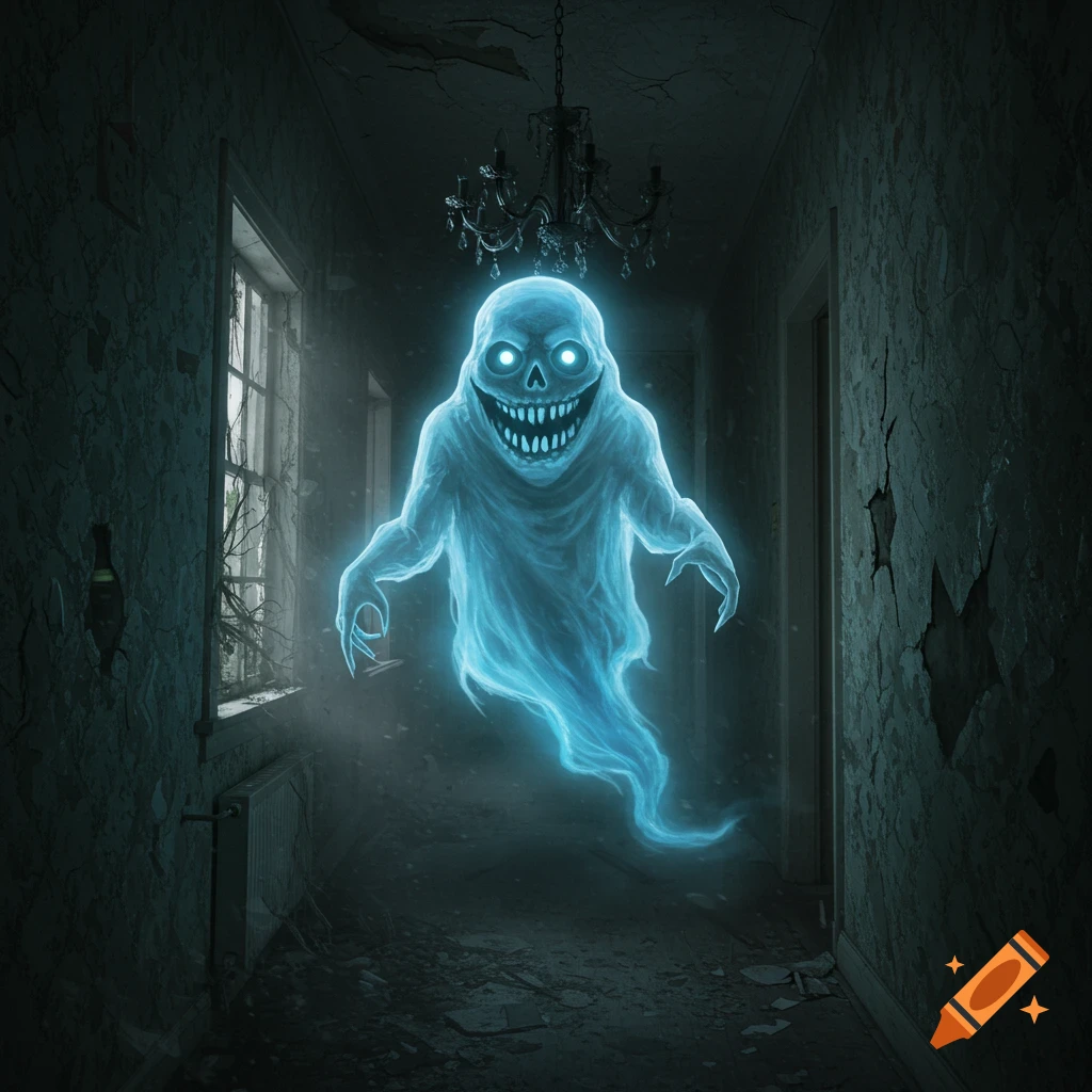 A glowing blue ghostly figure with a wide, toothy smile floats in a dark, dilapidated haunted hallway.