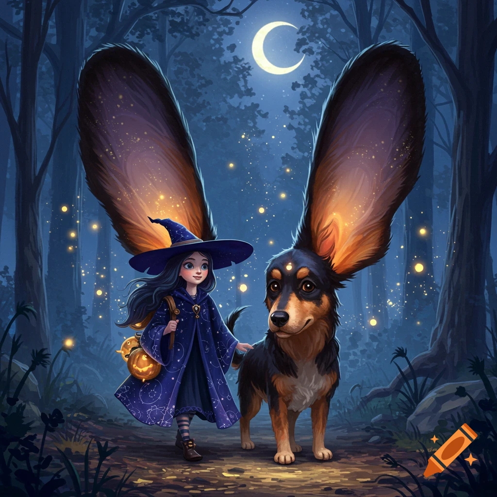 A whimsical witch and her dog with very large, glowing ears walk through a magical, moonlit forest at night.