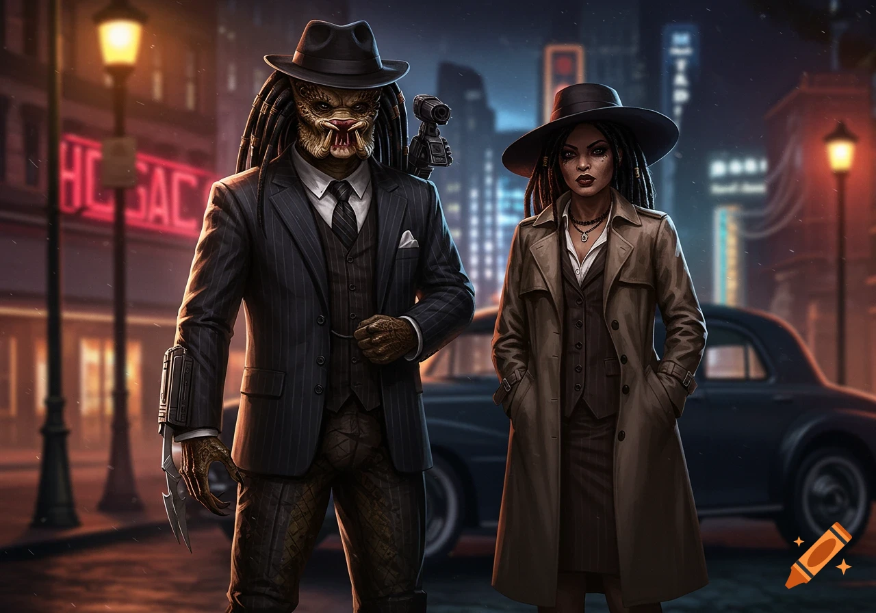 A male Predator in a pinstripe suit and a female figure in a trench coat and hat stand on a rainy city street at night, neon signs in the background.
