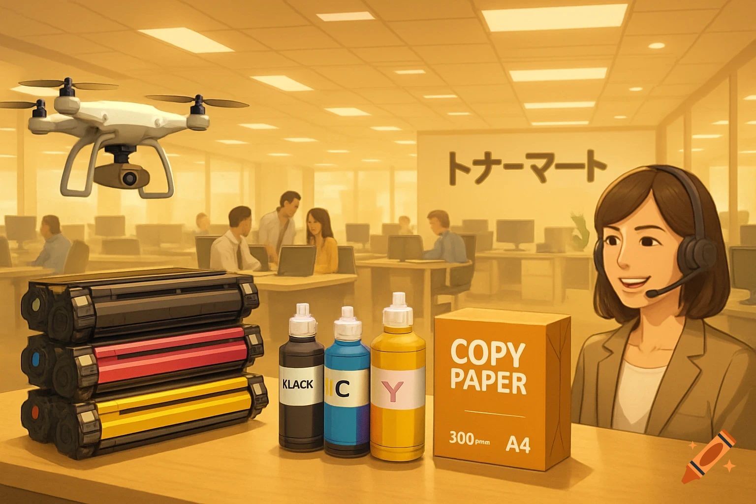 An office scene featuring a drone, stacked toner cartridges, ink bottles, and a box of copy paper on a desk. A woman in a headset smiles in the foreground.