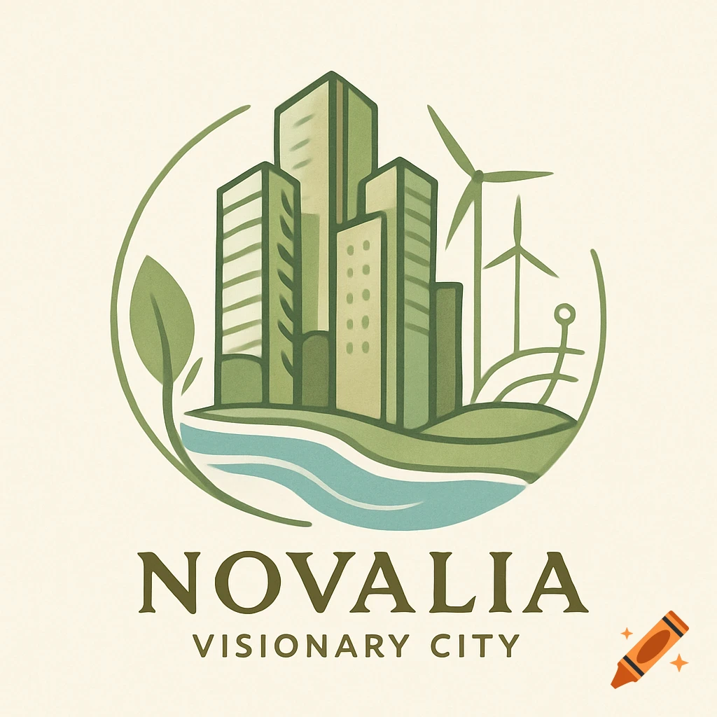 A stylized green and teal logo depicts a city skyline with buildings, a river, and wind turbines, accompanied by the text "NOVALIA VISIONARY CITY".
