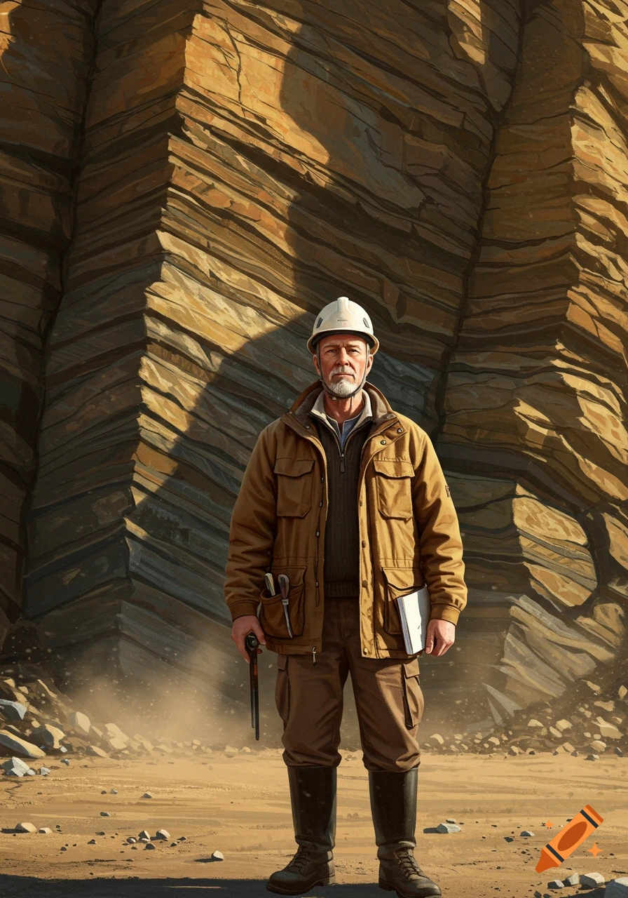 A photorealistic portrait of a bearded geologist in a hard hat and work gear, holding tools and a notebook, standing before a towering rock quarry wall.