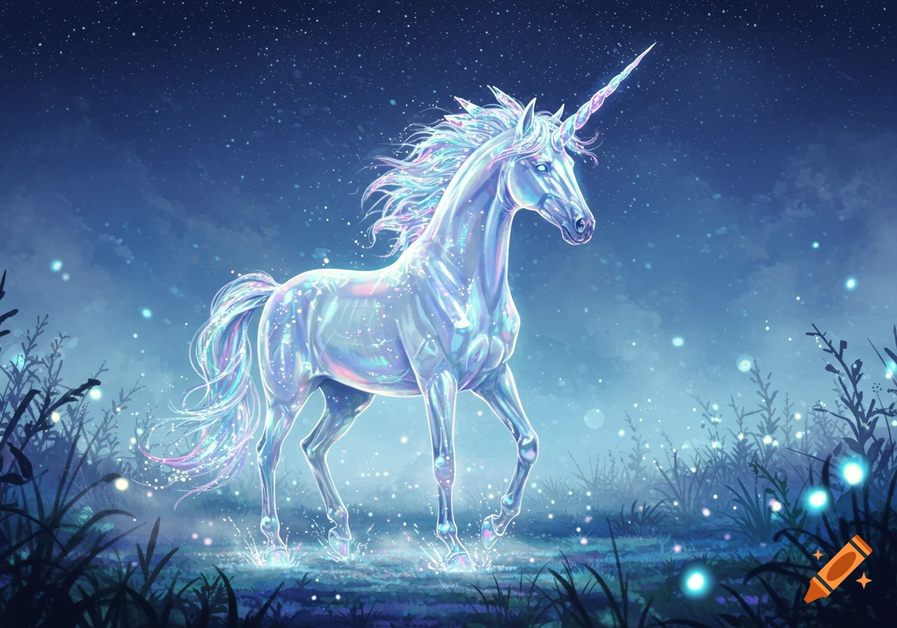 A glowing, iridescent unicorn stands in a magical, sparkling forest at night, its body shimmering like crystal.