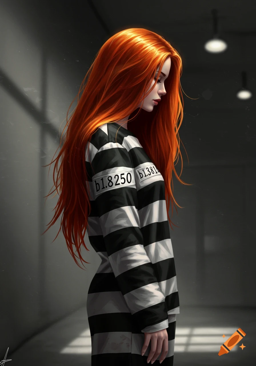 Auburn-haired woman in a black and white striped prison uniform looks down, standing in a stark hallway.