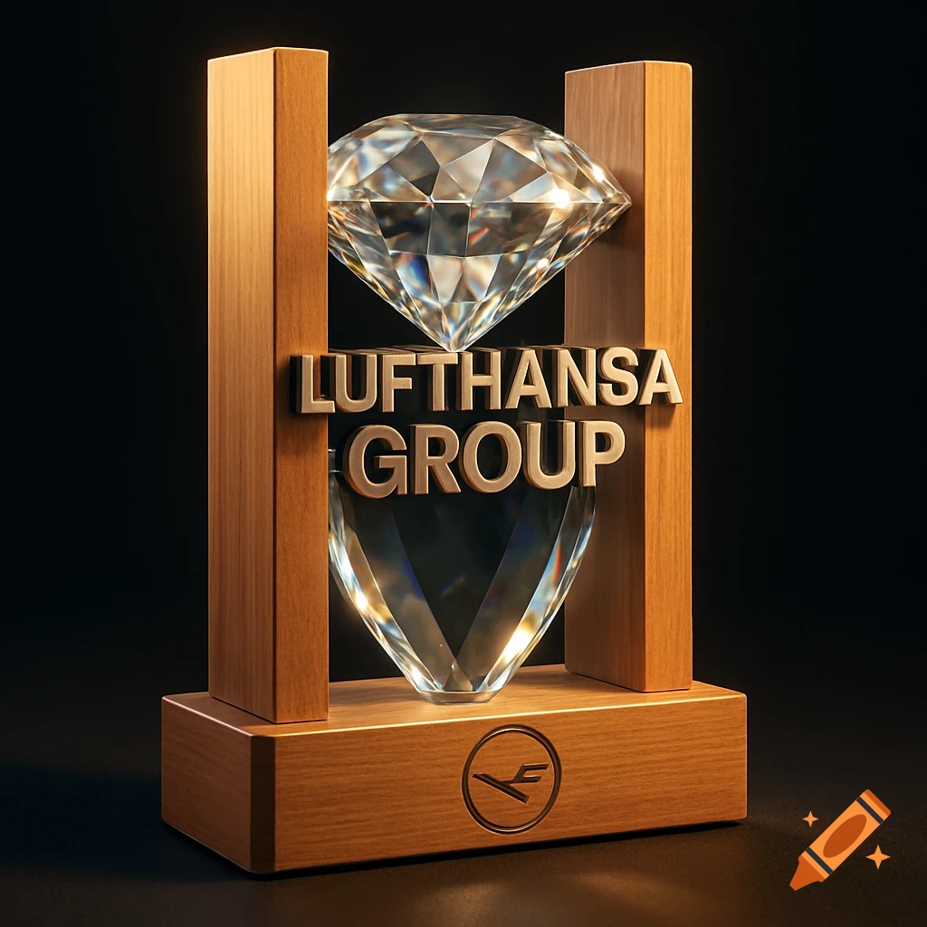A wooden trophy with a large diamond-shaped crystal, gold "Lufthansa Group" text, and a Lufthansa crane logo on the base.
