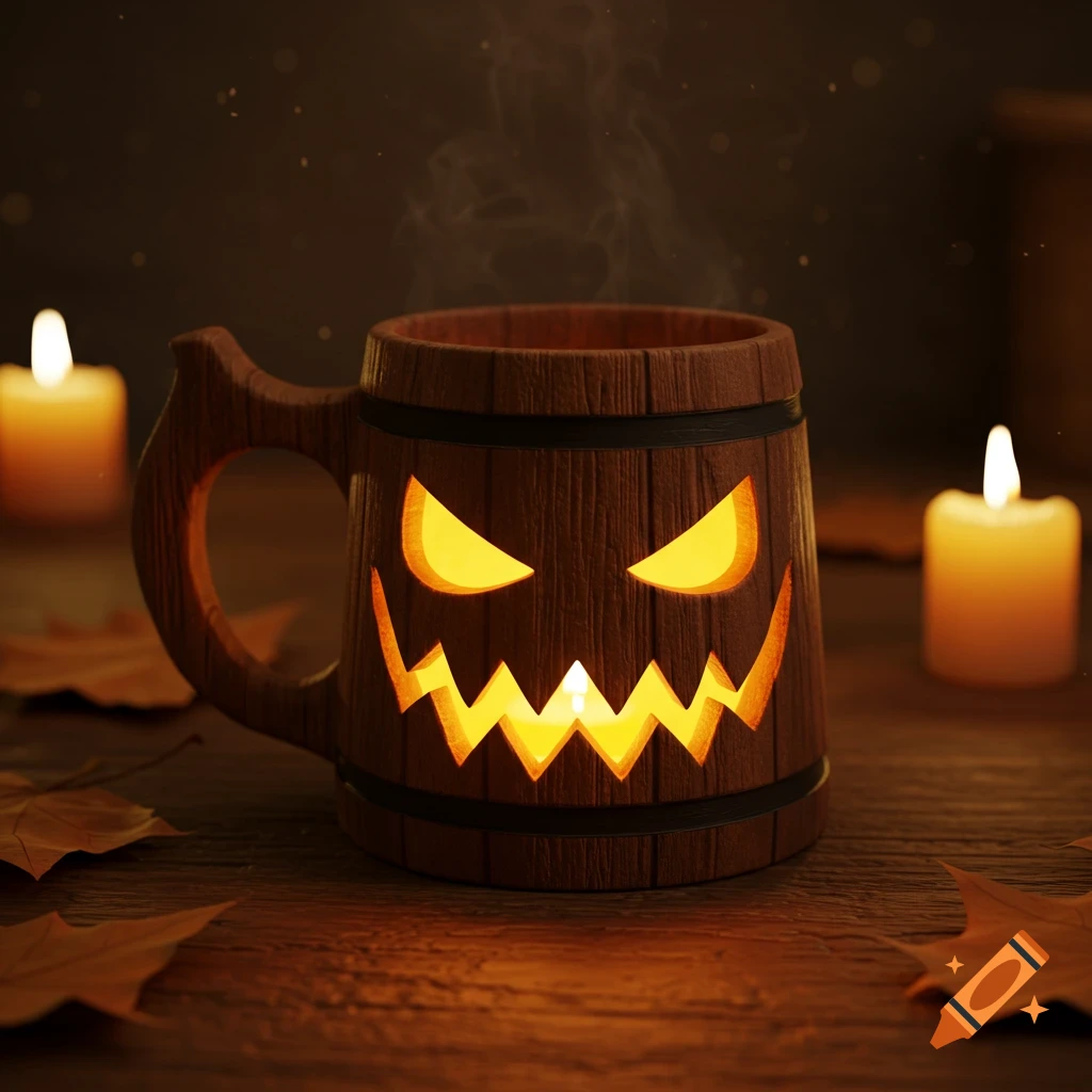 A wooden mug with a glowing jack-o-lantern face sits on a table amidst autumn leaves and lit candles, emitting steam.