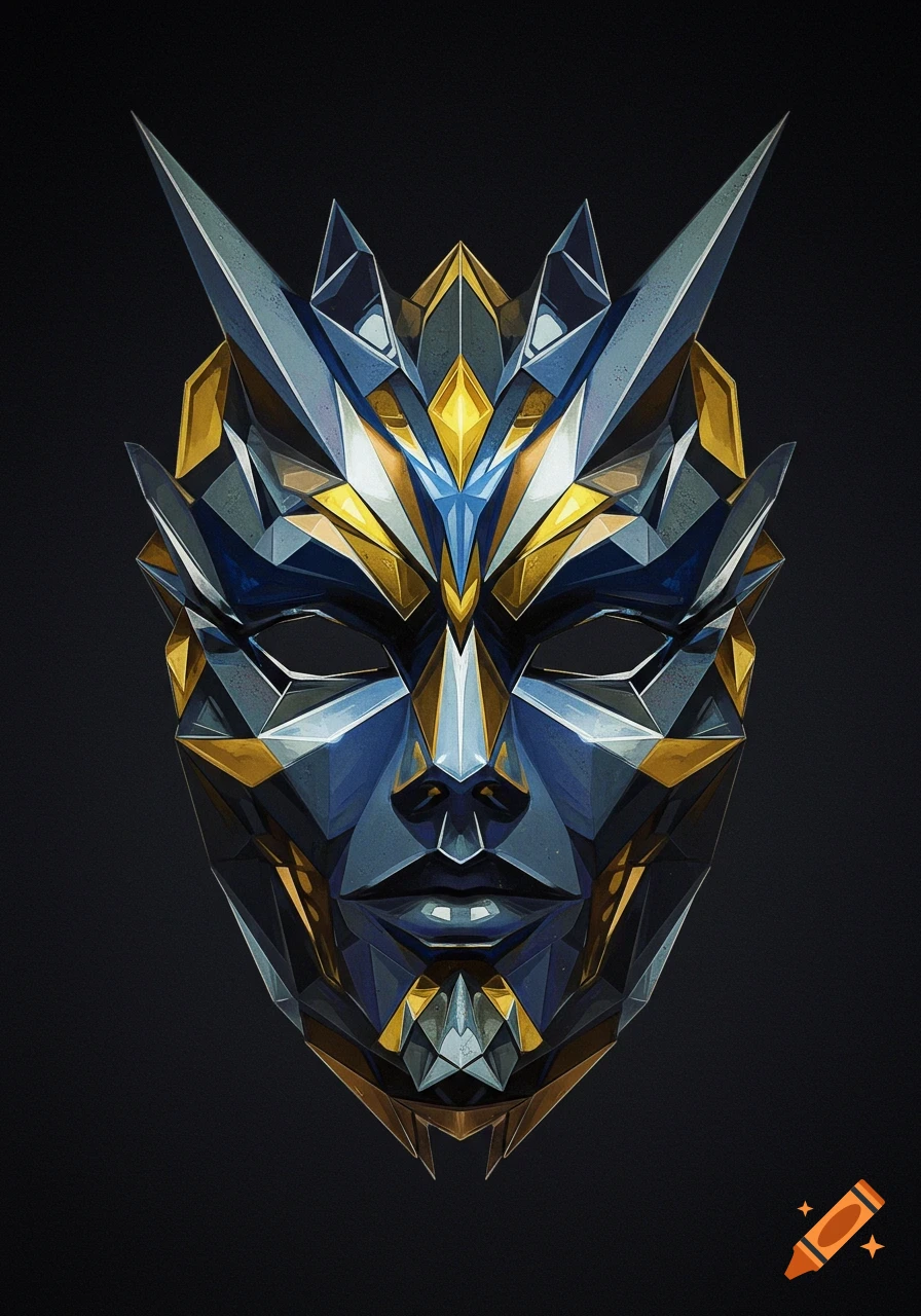 A detailed, geometric mask with sharp angles in blue, gold, and silver on a dark background, resembling a futuristic or stylized face.
