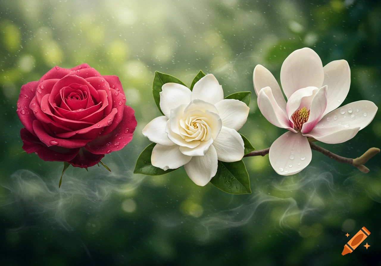 A vibrant red rose, a white gardenia, and a white and pink magnolia with water droplets, against a blurry green background with mist.