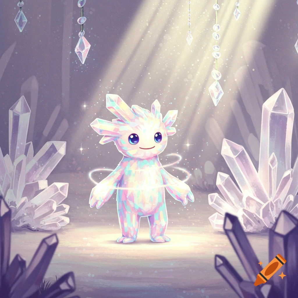 An adorable iridescent crystal monster stands in a sparkling crystal cave with light beams.