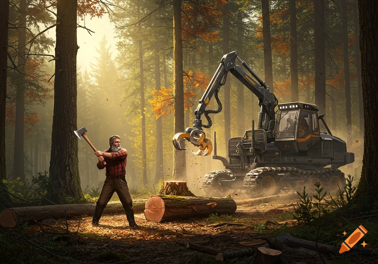Bearded lumberjack with an axe next to a large logging machine in a sunlit autumn forest, photorealistic style.