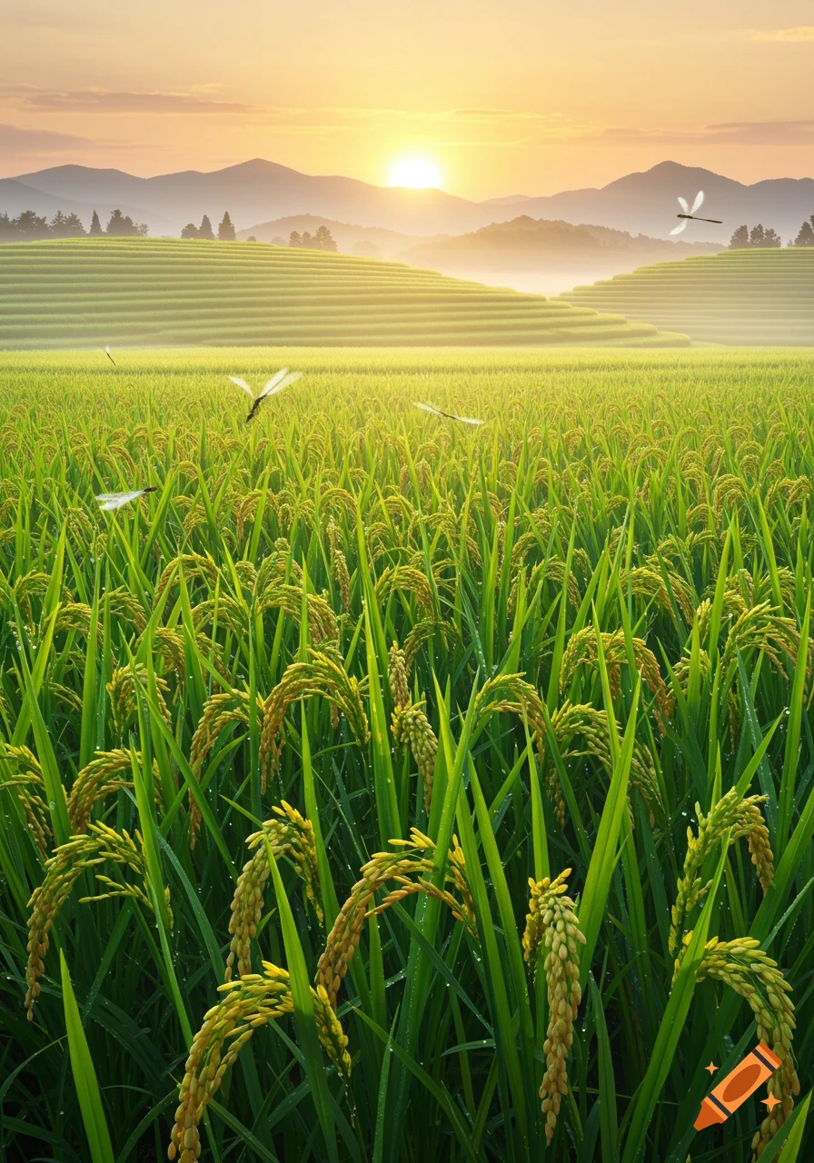 A vibrant green rice field stretches to mountains under a golden sunset with dragonflies flying.