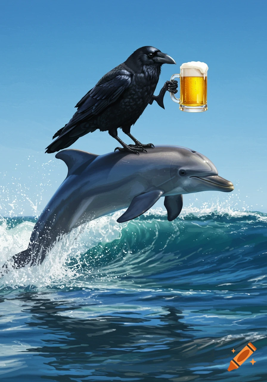 A black raven holding a mug of beer rides a leaping dolphin through ...