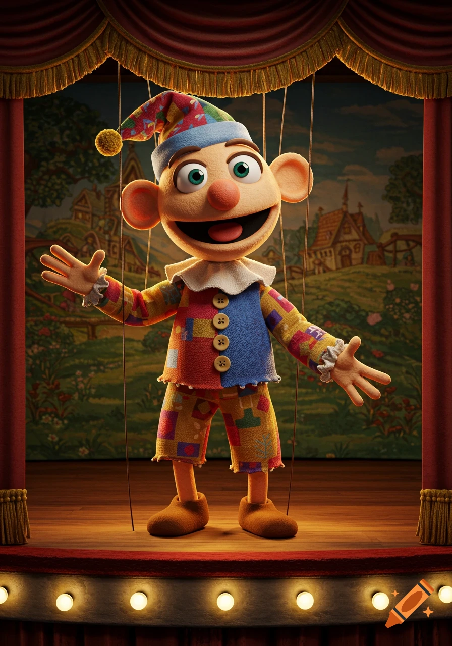 A colorful, smiling puppet in a patchwork outfit stands on a brightly lit stage with red curtains and a painted village backdrop.