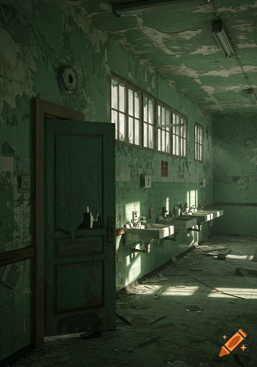 An abandoned, dilapidated washroom with peeling green paint, a broken door, a row of sinks, and debris on the floor, lit by sunlight.