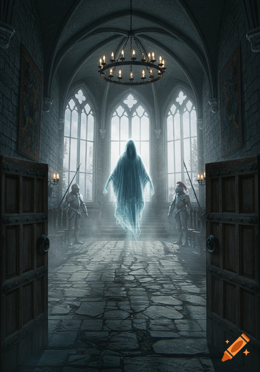 A glowing, hooded ghost floats in a grand, vaulted gothic castle hall, flanked by armored knights, with large windows in the background.