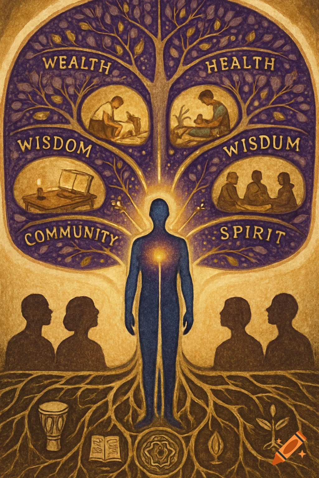 A symbolic tree illustration with a glowing human silhouette as the trunk, branches labeled with concepts like Wealth, Health, and Wisdom, and roots featuring ancestral figures.
