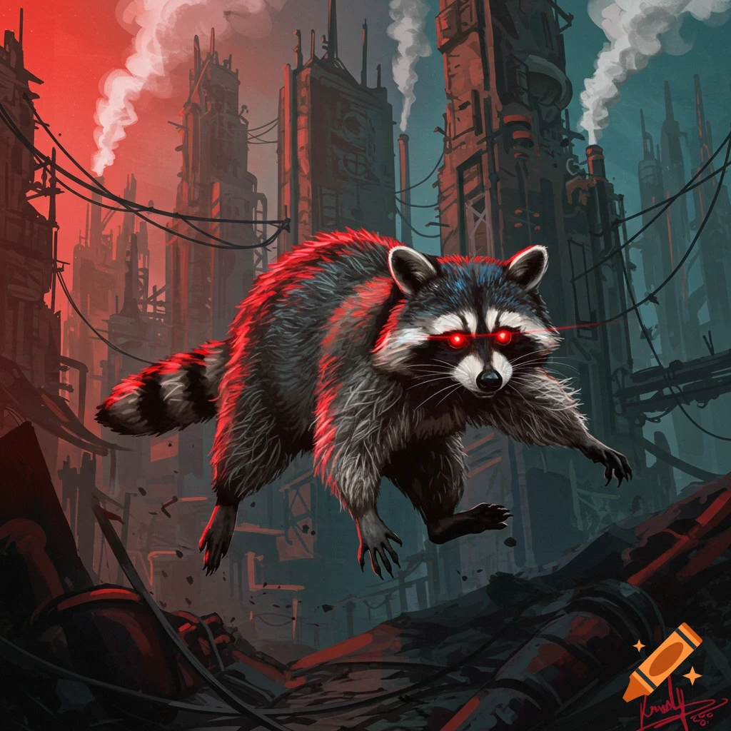A fierce raccoon with glowing red eyes leaps through a dark, industrial cyberpunk city with red and blue lighting.