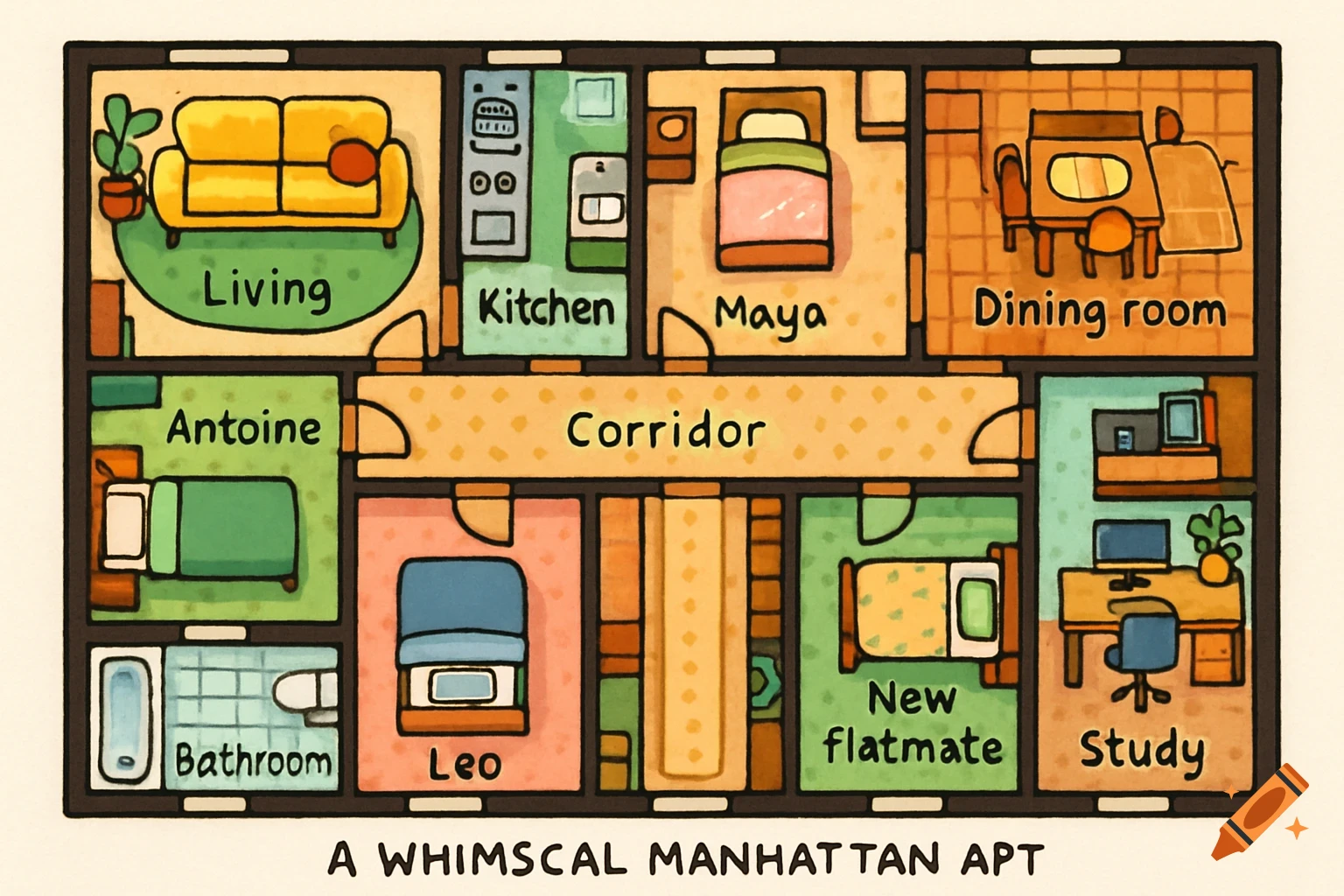 A colorful cartoon-style top-down floor plan of a Manhattan apartment, showing a living room, kitchen, dining room, four bedrooms, a bathroom, and a study, all connected by a central corridor. Each room is labeled with English text.