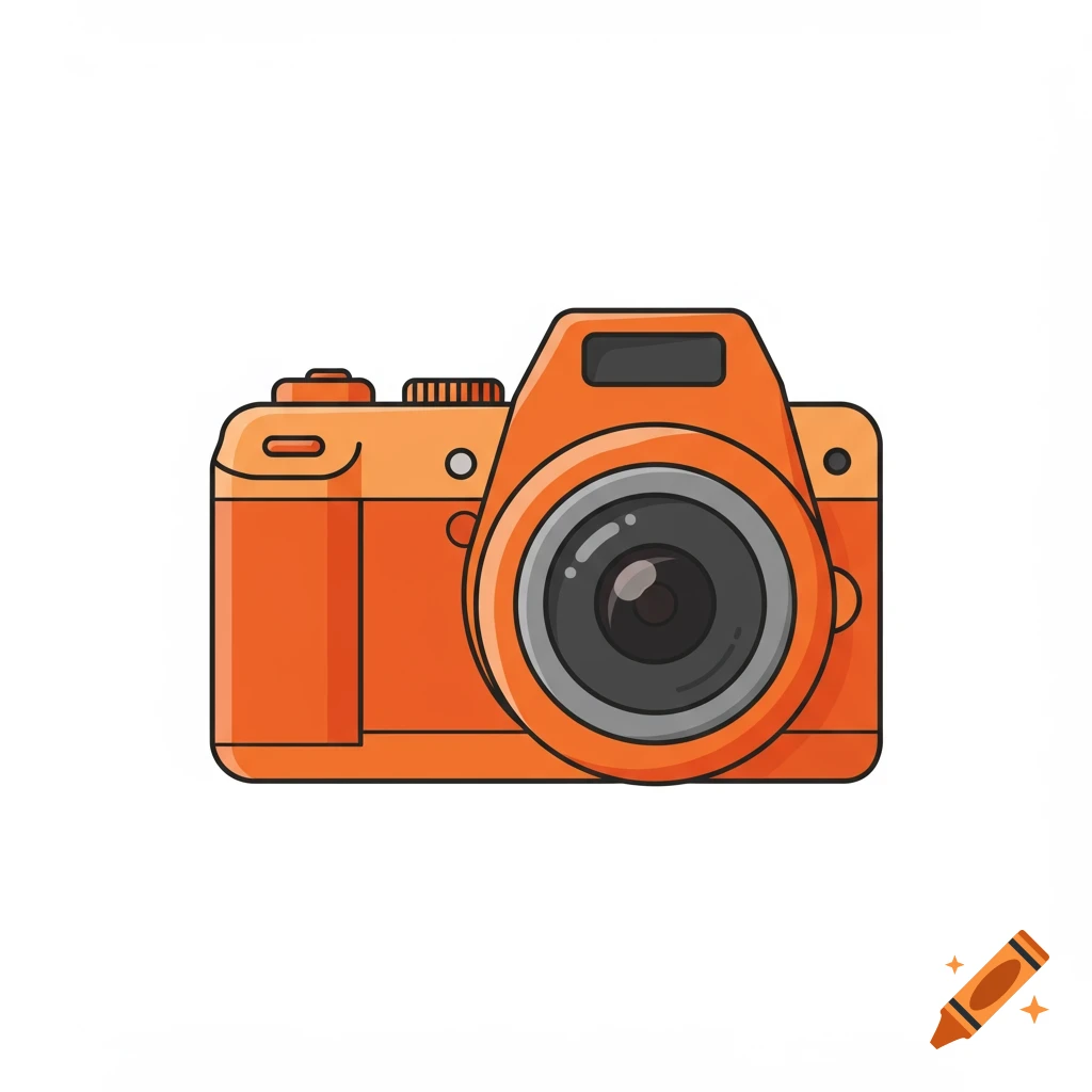 A simple orange camera icon with a grey lens on a white background.