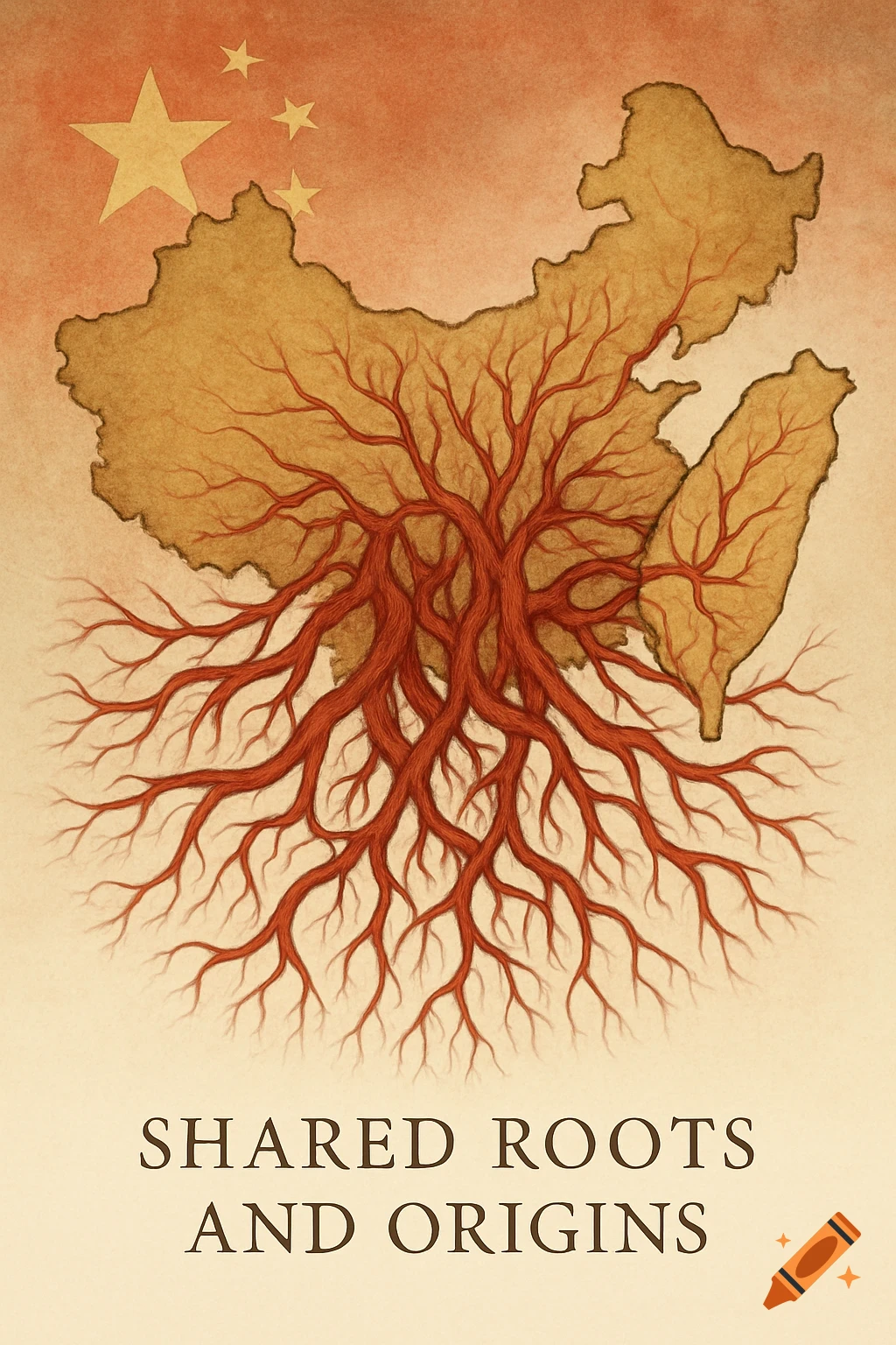 An illustration of the map of China and Taiwan connected by red roots, with the Chinese flag and text 'SHARED ROOTS AND ORIGINS'.