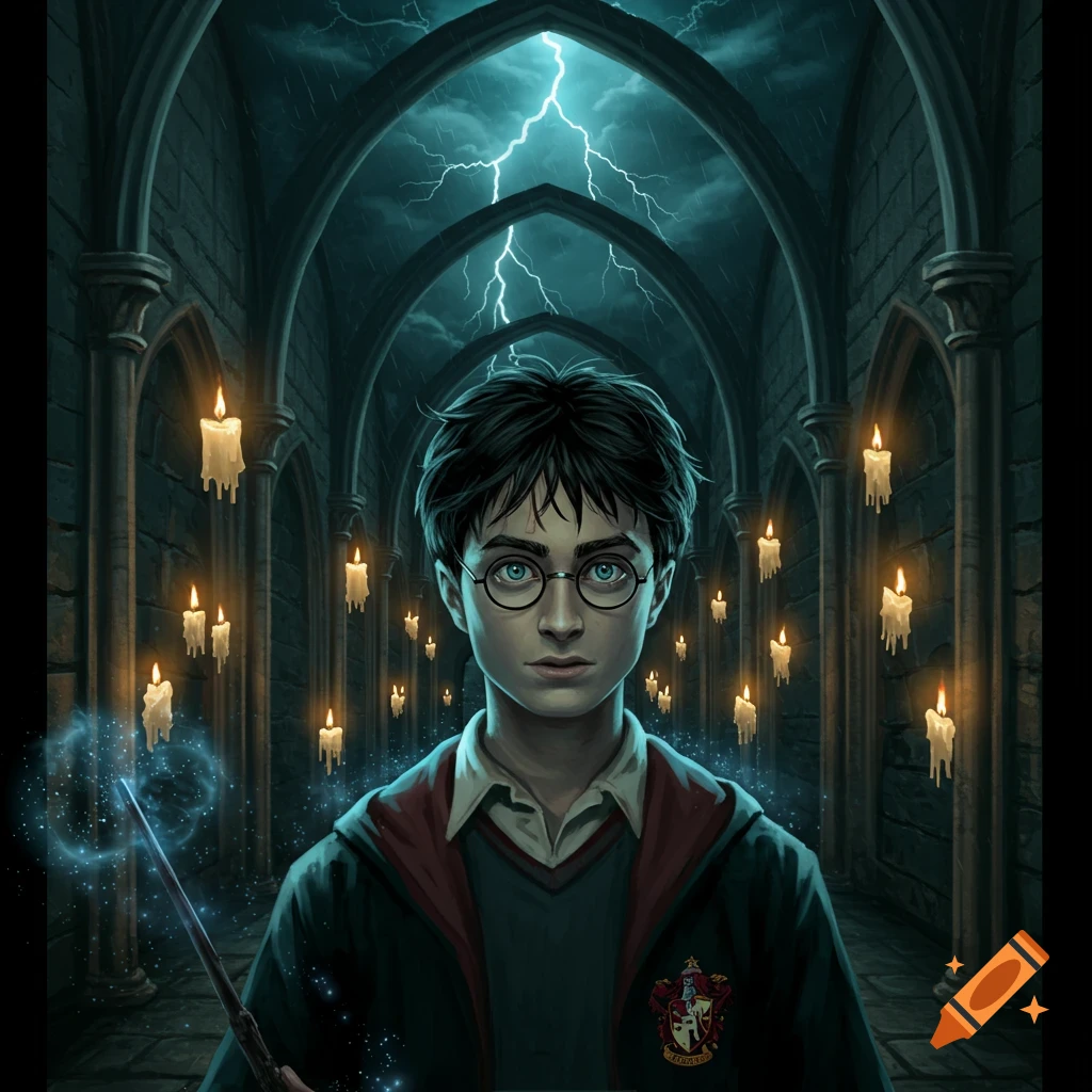 A young Harry Potter with glasses and a wand stands in a dark, vaulted corridor with floating candles and lightning.