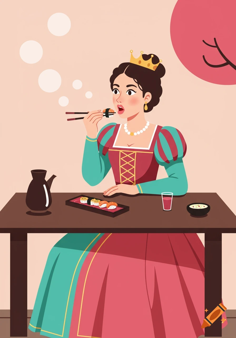 A flat illustration depicts a princess in a crown and medieval dress eating sushi with chopsticks.