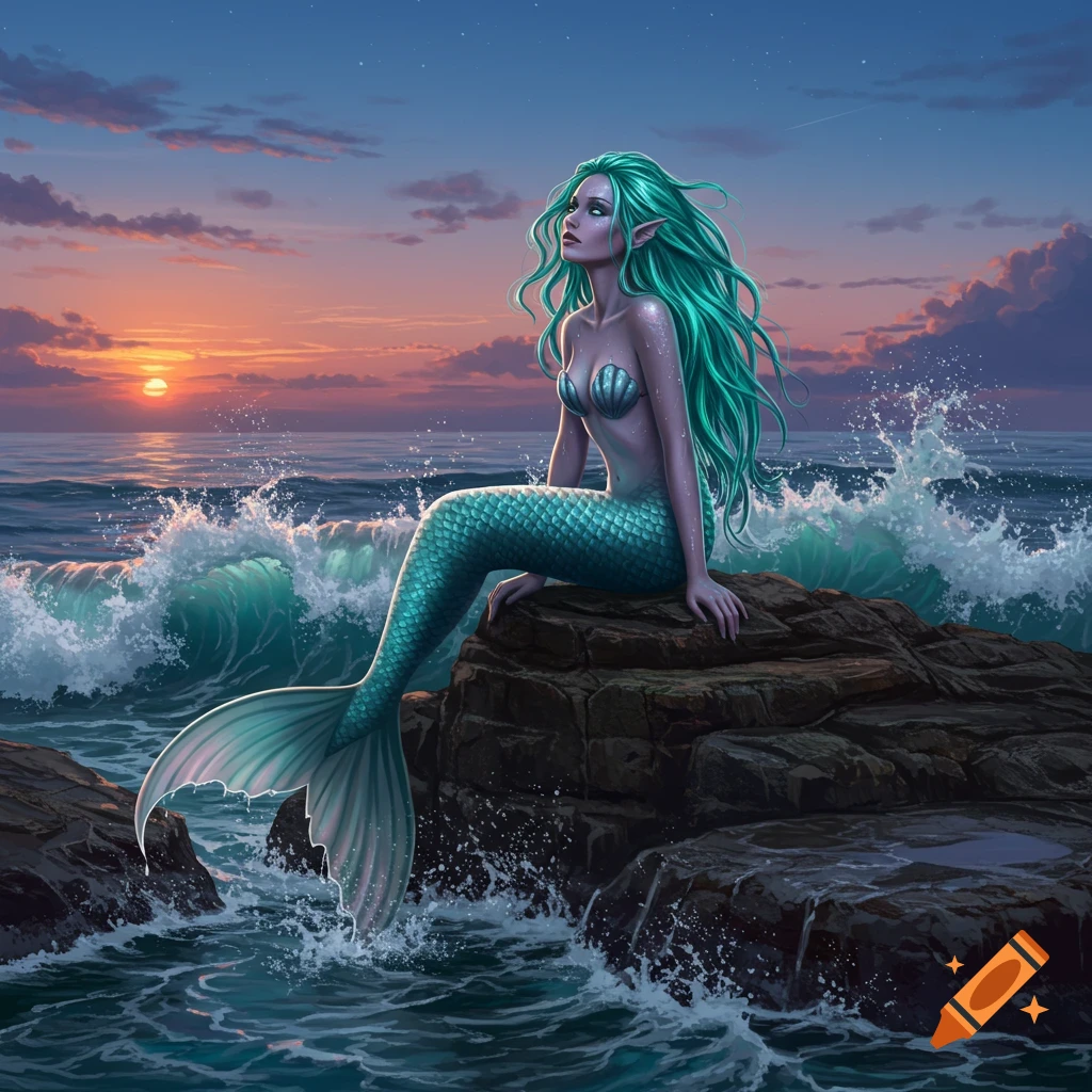 A teal-haired mermaid with a scaly tail sits on ocean rocks, looking up as waves crash around her during a vibrant sunset.