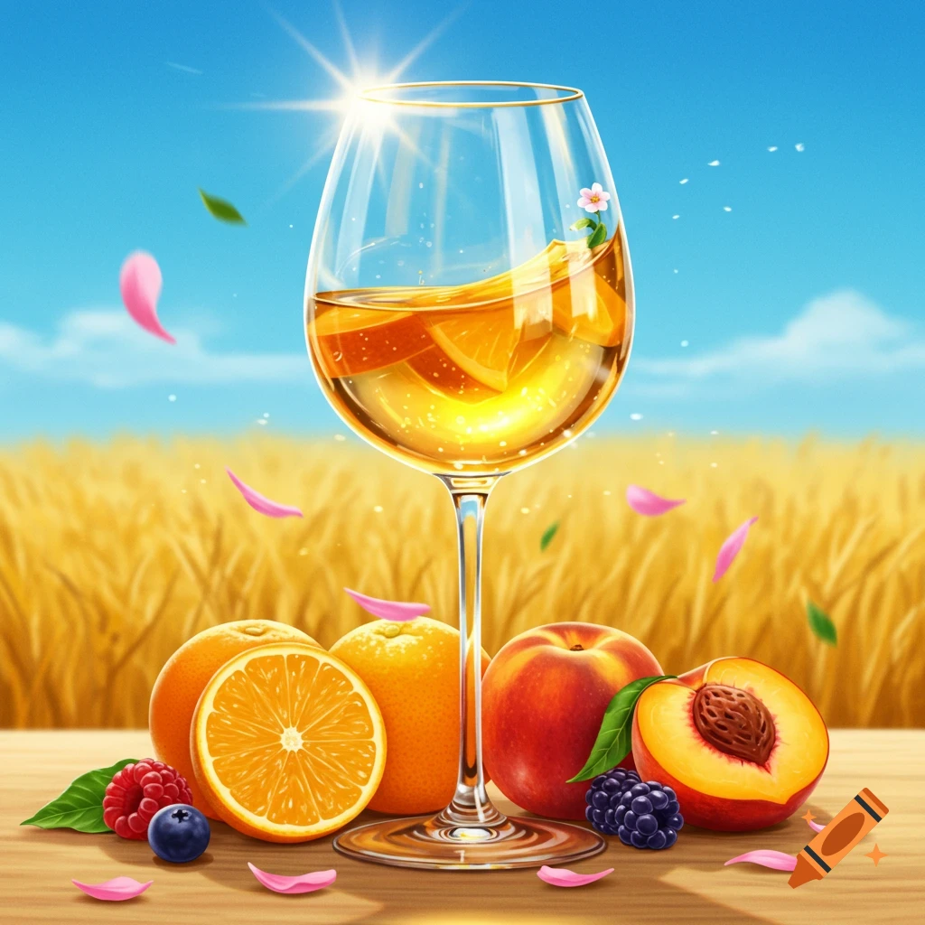 Vibrant illustration: wineglass with golden liquid and orange slices, fresh fruits (oranges, peaches, berries) on a table, sunny field background.