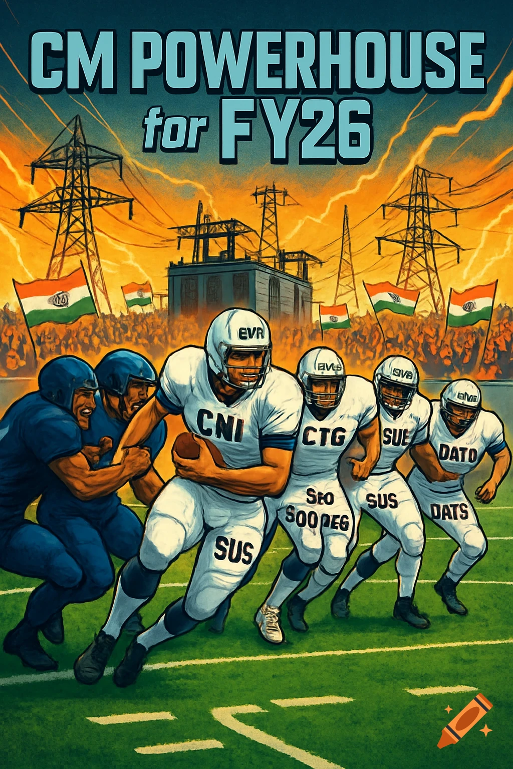 A superhero comic-style poster featuring football players running on a field with a power station and transmission towers under an orange sky. Indian flags are waving among a crowd in the background.