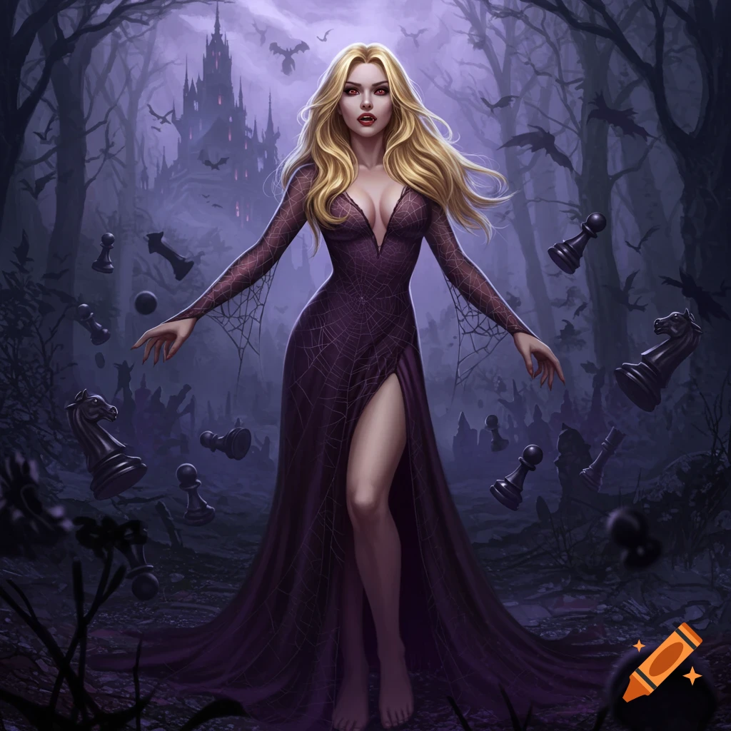 A blonde vampire woman in a purple, spiderweb-patterned gown stands in a dark, dead forest with a gothic castle and floating chess pieces in the background.