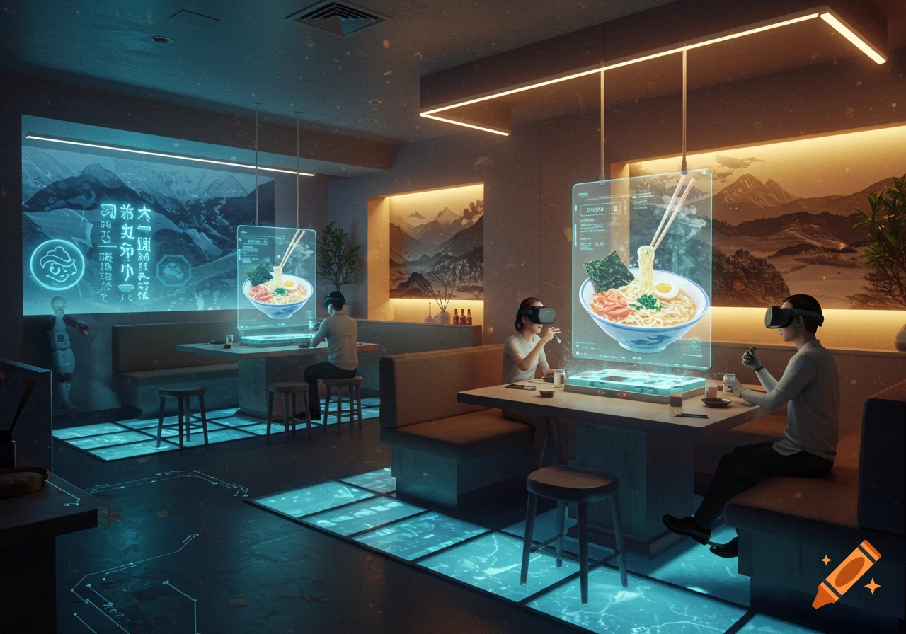 A futuristic restaurant with people wearing VR headsets, interacting with holographic ramen displays and glowing screens.