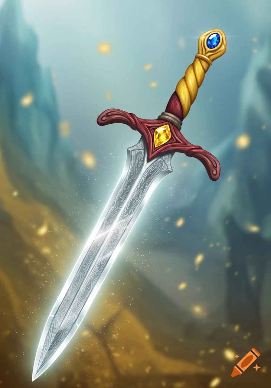 A magical, glowing sword with a damascene steel blade, red guard with yellow topaz, yellow twisted handle, and blue sapphire pommel, levitating against a blurry mystical background.